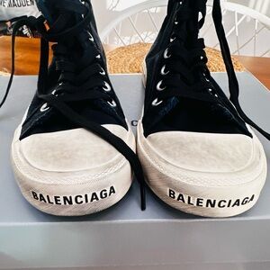 Balenciaga Black and White High-Top Sneakers with Canvas Upper